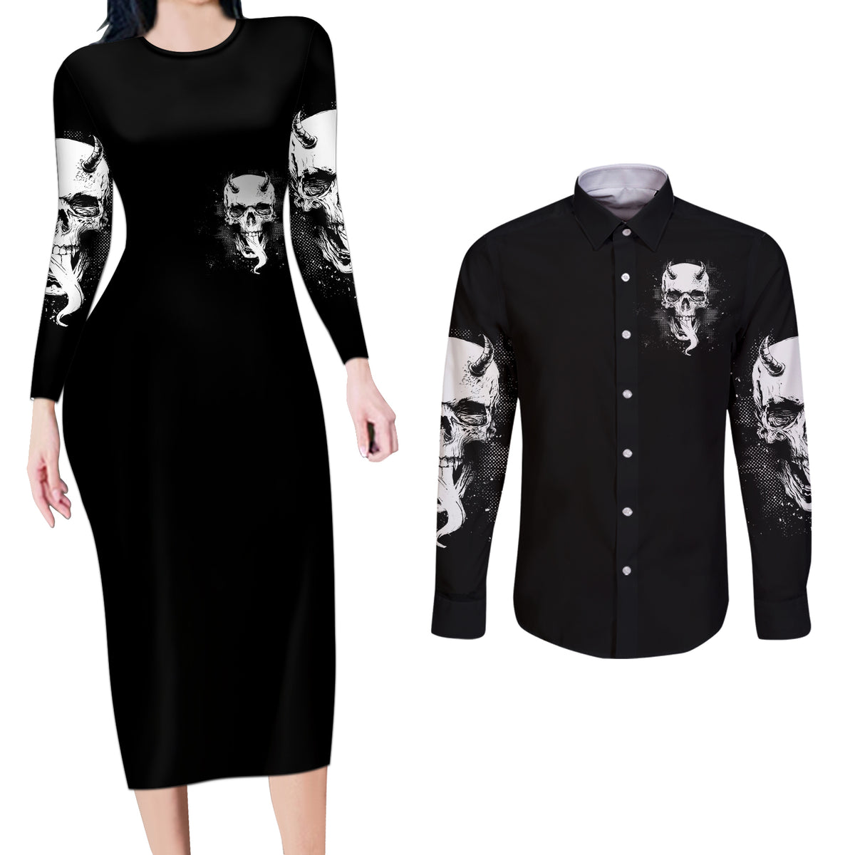 Devil Skull Couples Matching Long Sleeve Bodycon Dress and Long Sleeve Button Shirts It's Not How Crazy Iam But Enjoy It Make Me Dangerous - Wonder Print Shop
