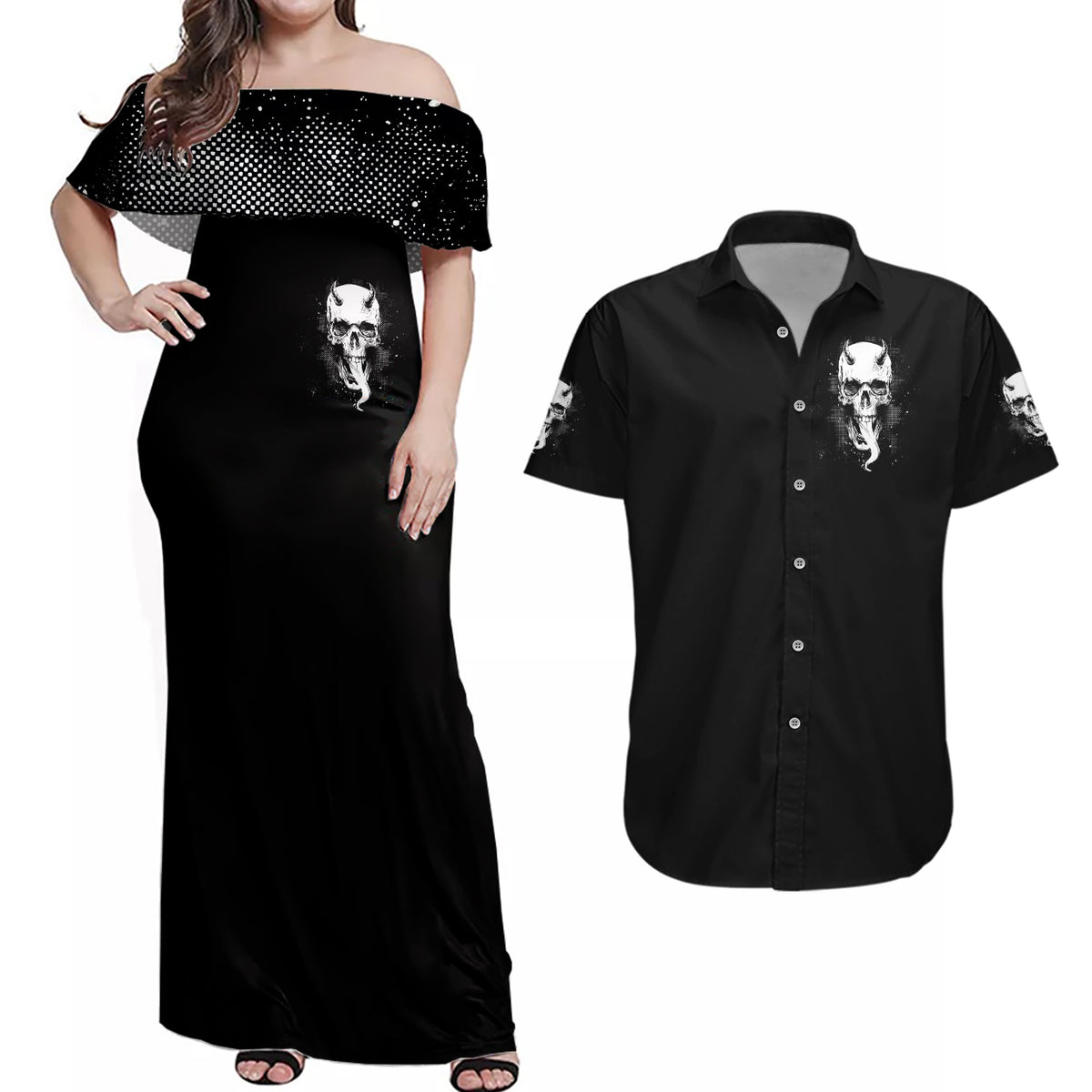 Devil Skull Couples Matching Off Shoulder Maxi Dress and Hawaiian Shirt It's Not How Crazy Iam But Enjoy It Make Me Dangerous - Wonder Print Shop
