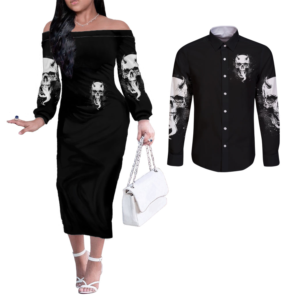 Devil Skull Couples Matching Off The Shoulder Long Sleeve Dress and Long Sleeve Button Shirts It's Not How Crazy Iam But Enjoy It Make Me Dangerous DT01