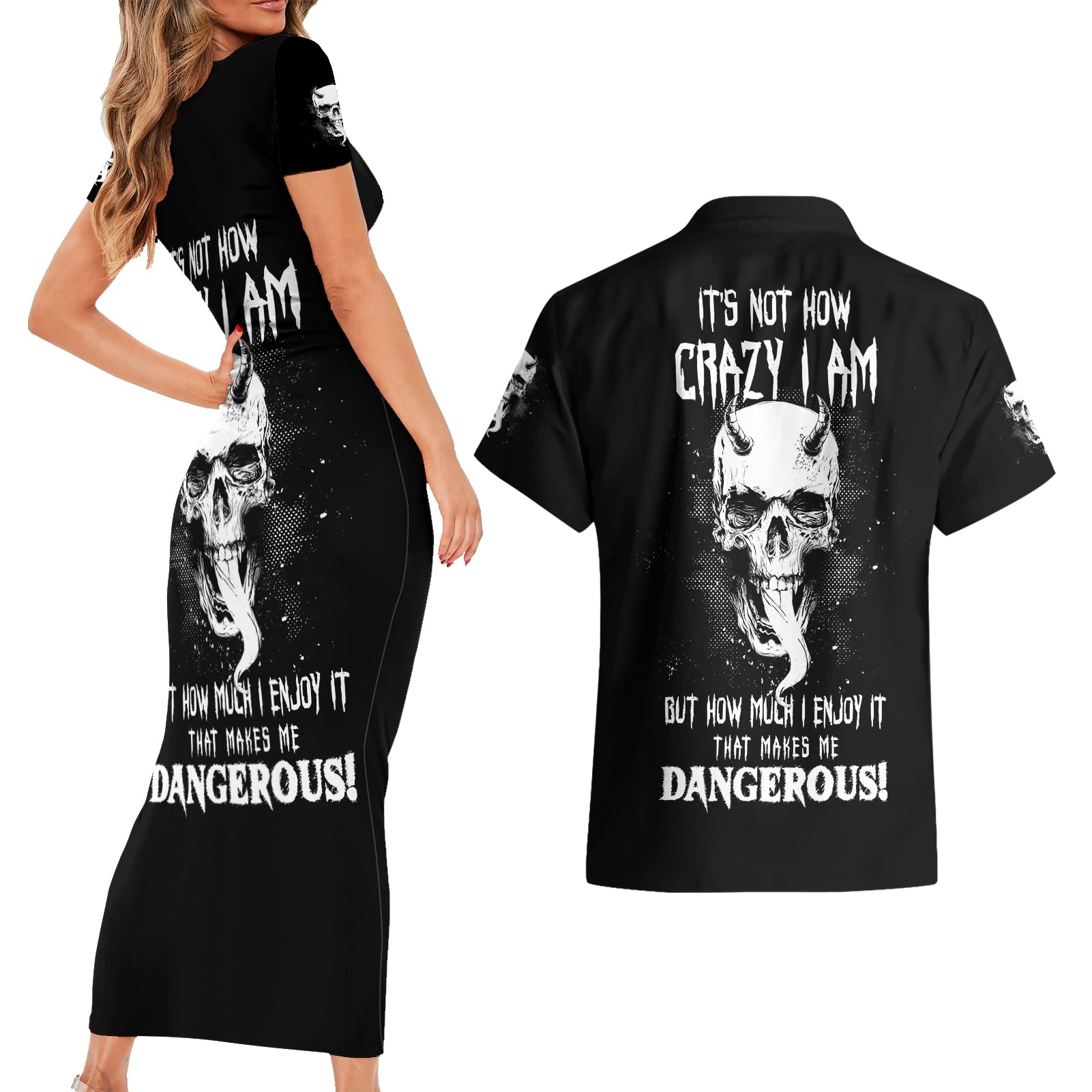 Devil Skull Couples Matching Short Sleeve Bodycon Dress and Hawaiian Shirt It's Not How Crazy Iam But Enjoy It Make Me Dangerous - Wonder Print Shop
