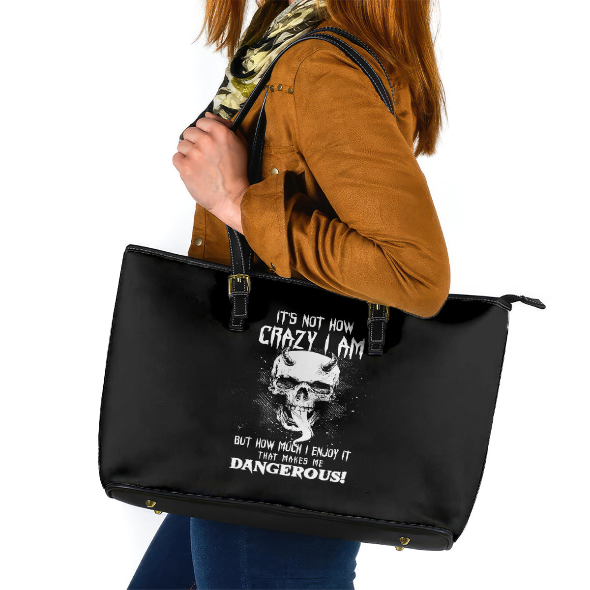 Devil Skull Leather Tote Bag It's Not How Crazy Iam But Enjoy It Make Me Dangerous - Wonder Print Shop
