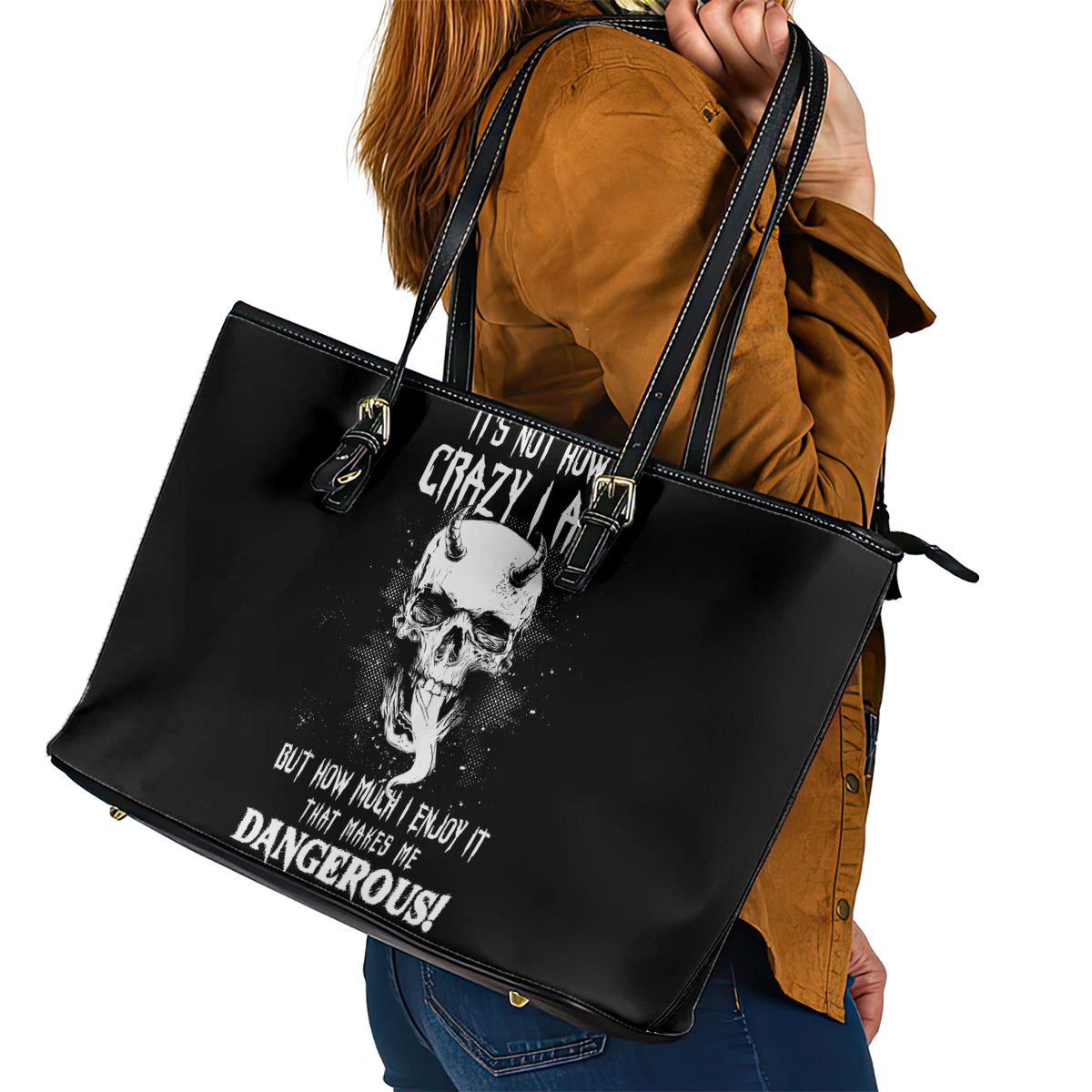 Devil Skull Leather Tote Bag It's Not How Crazy Iam But Enjoy It Make Me Dangerous - Wonder Print Shop