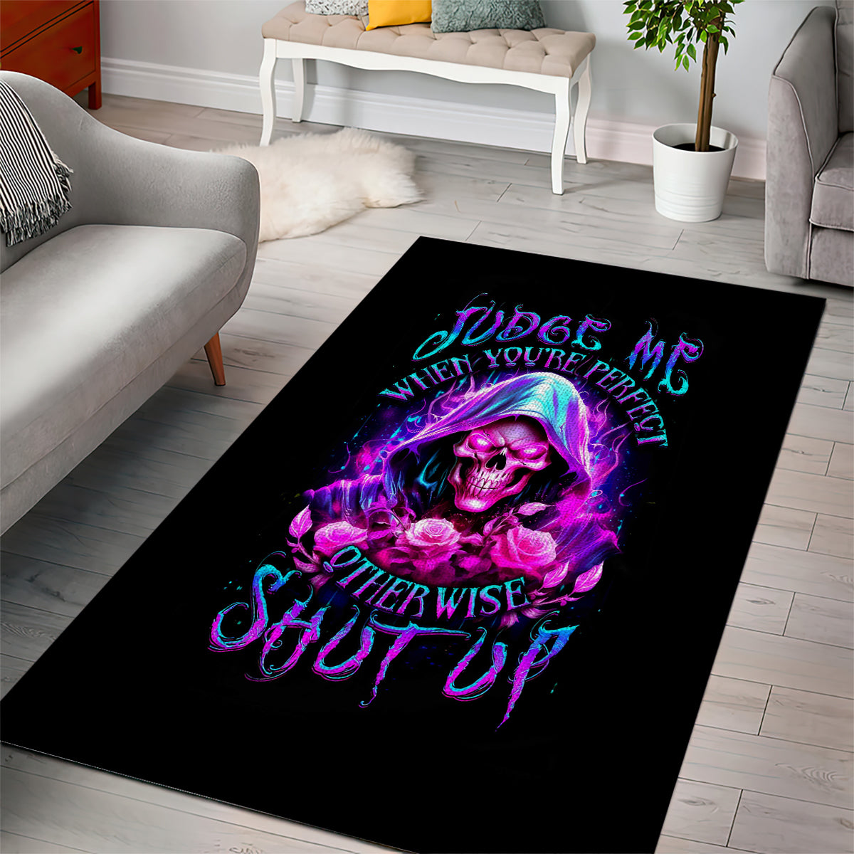 Fire Skull Area Rug Judge Me When You're Perfect Otherwise Shut Up - Wonder Print Shop