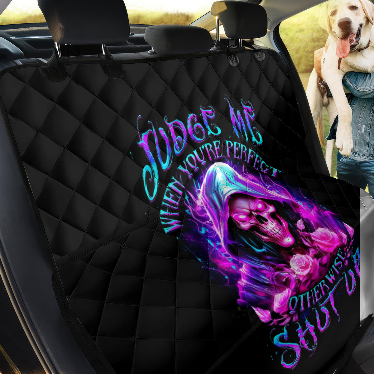 Fire Skull Back Car Seat Cover Judge Me When You're Perfect Otherwise Shut Up - Wonder Print Shop