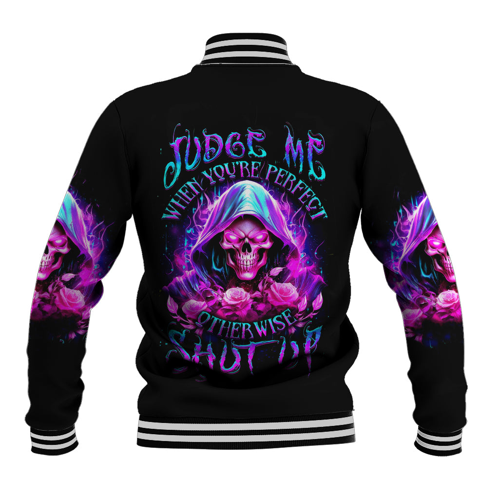 Fire Skull Baseball Jacket Judge Me When You're Perfect Otherwise Shut Up - Wonder Print Shop