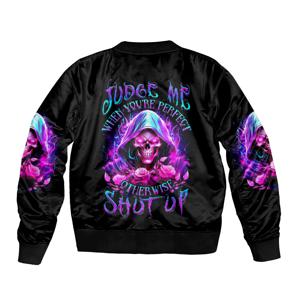 Fire Skull Bomber Jacket Judge Me When You're Perfect Otherwise Shut Up - Wonder Print Shop