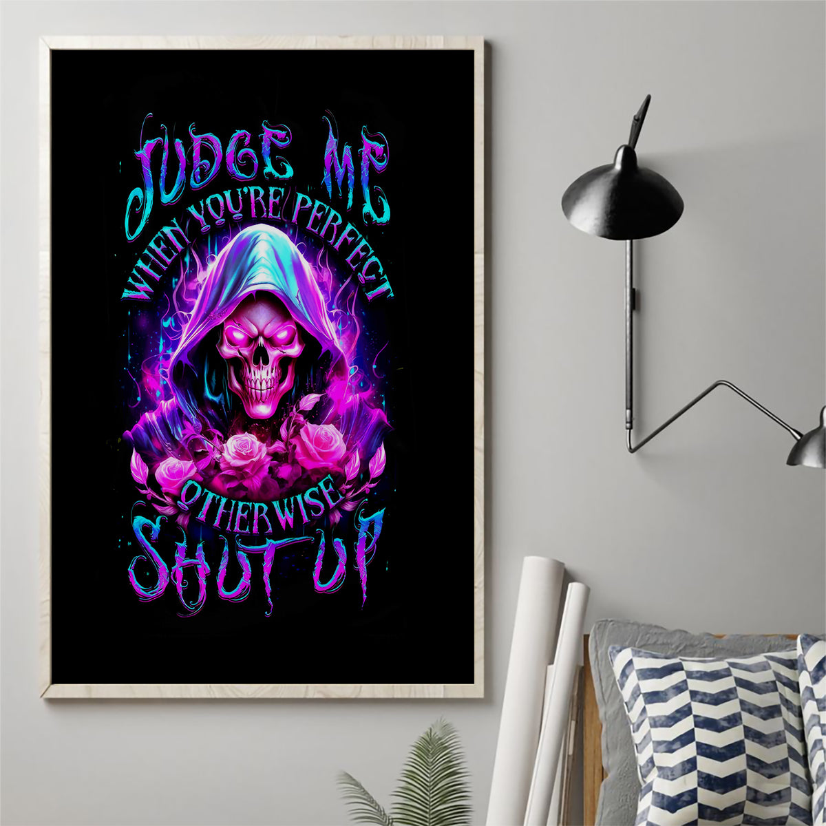 Fire Skull Canvas Wall Art Judge Me When You're Perfect Otherwise Shut Up - Wonder Print Shop