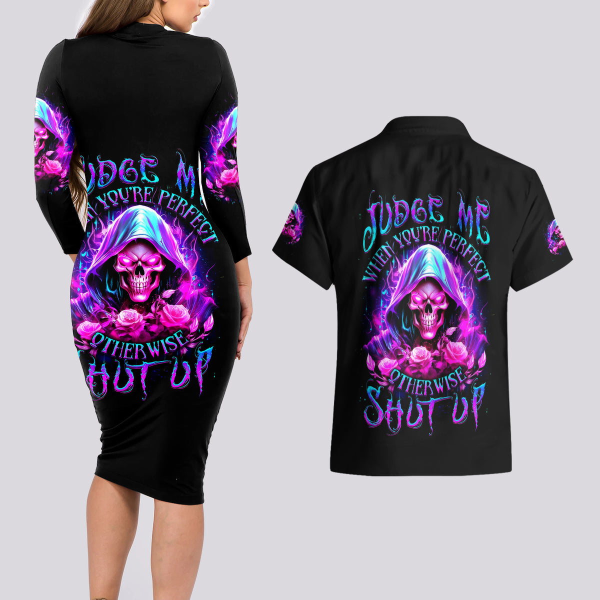 Fire Skull Couples Matching Long Sleeve Bodycon Dress and Hawaiian Shirt Judge Me When You're Perfect Otherwise Shut Up - Wonder Print Shop