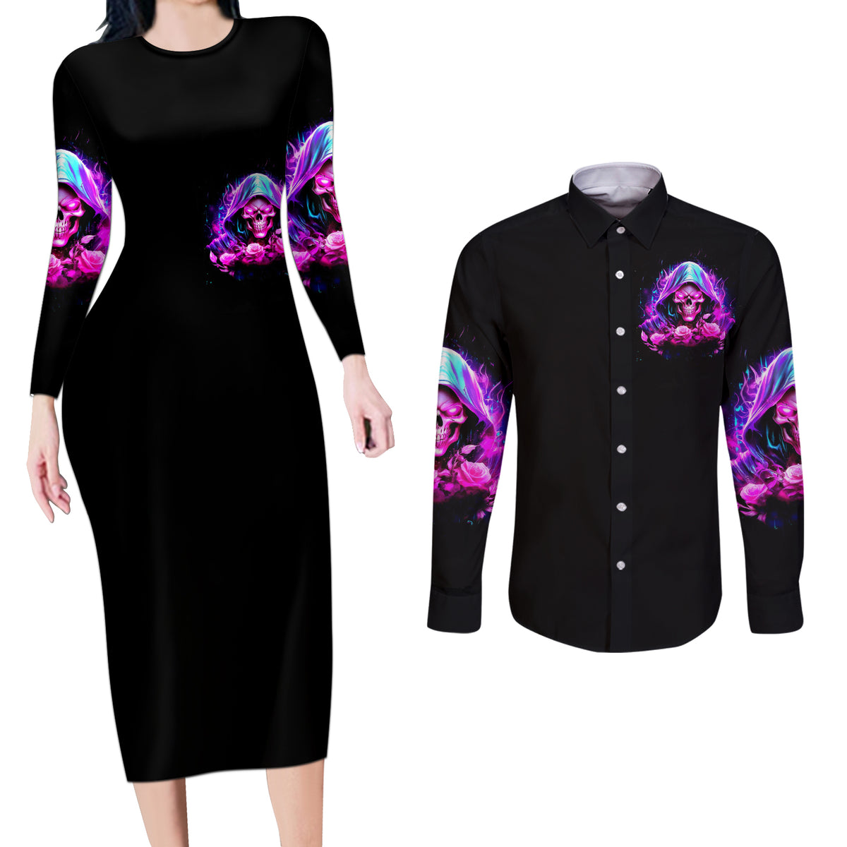 Fire Skull Couples Matching Long Sleeve Bodycon Dress and Long Sleeve Button Shirts Judge Me When You're Perfect Otherwise Shut Up - Wonder Print Shop