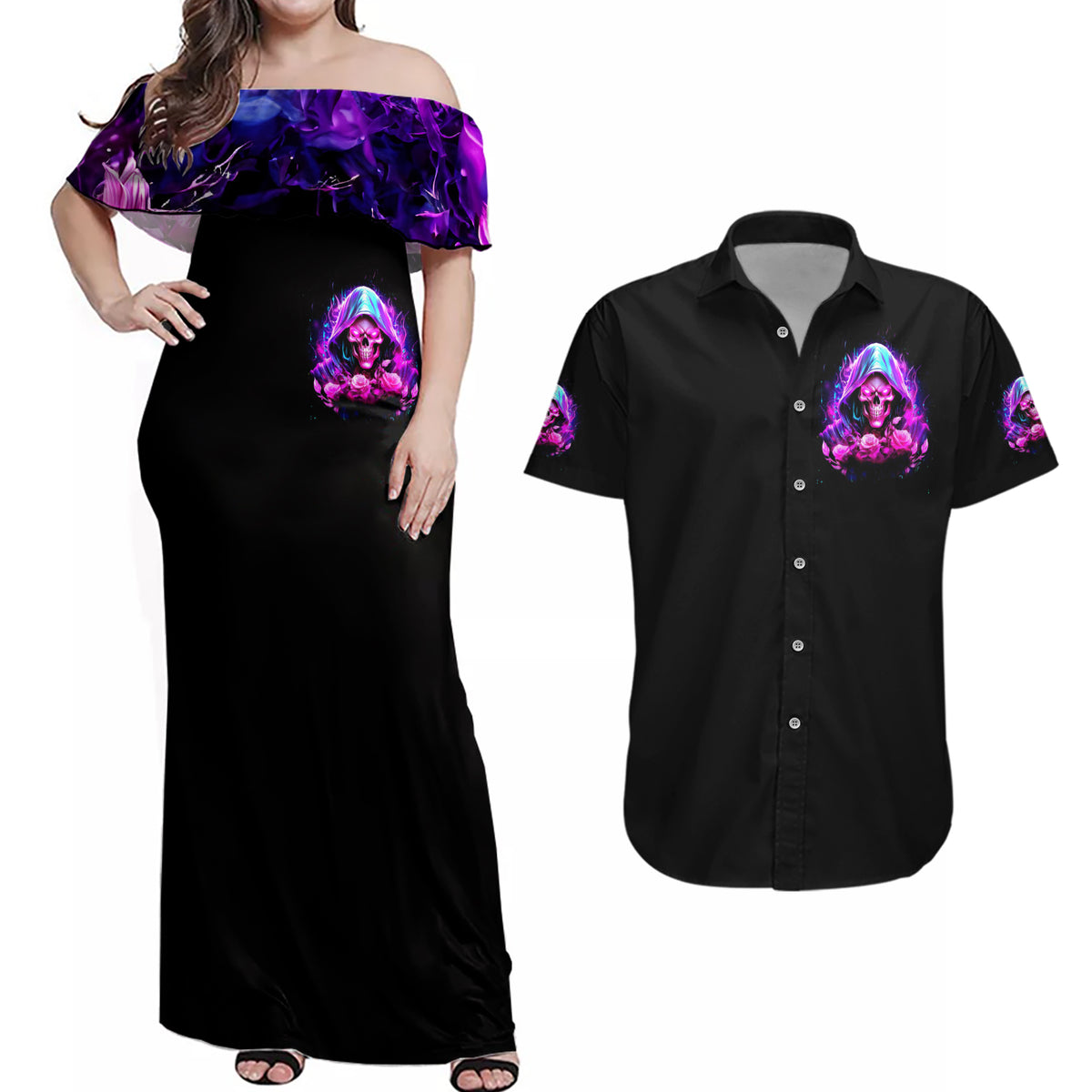 Fire Skull Couples Matching Off Shoulder Maxi Dress and Hawaiian Shirt Judge Me When You're Perfect Otherwise Shut Up - Wonder Print Shop