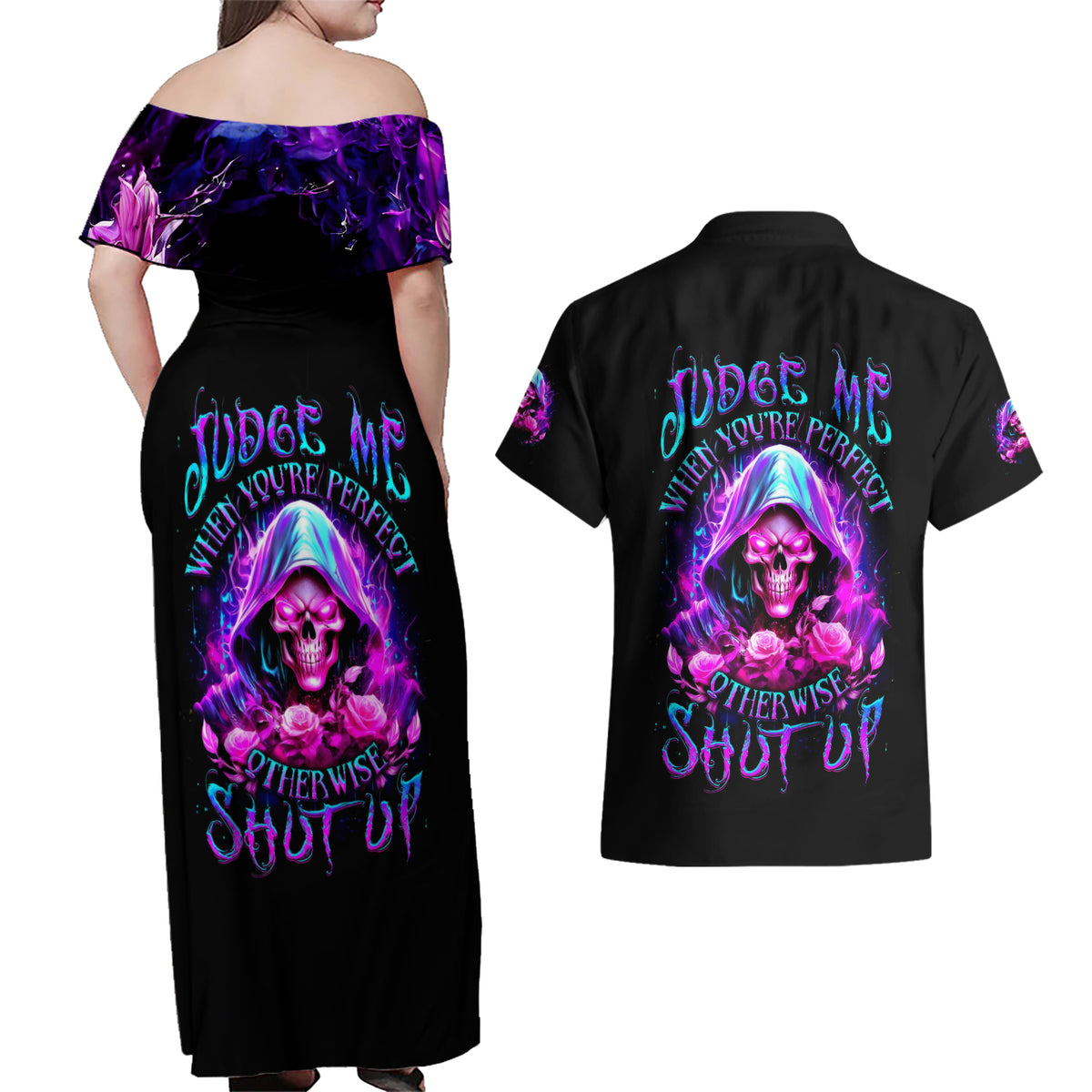 Fire Skull Couples Matching Off Shoulder Maxi Dress and Hawaiian Shirt Judge Me When You're Perfect Otherwise Shut Up - Wonder Print Shop