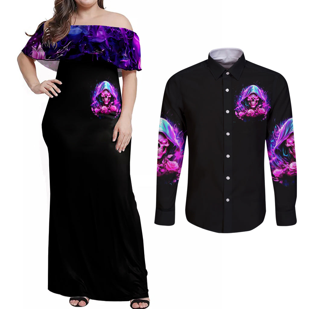 Fire Skull Couples Matching Off Shoulder Maxi Dress and Long Sleeve Button Shirts Judge Me When You're Perfect Otherwise Shut Up - Wonder Print Shop