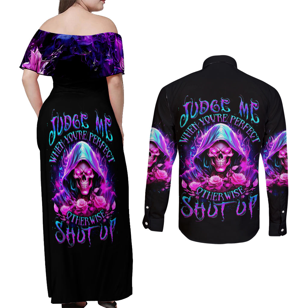 Fire Skull Couples Matching Off Shoulder Maxi Dress and Long Sleeve Button Shirts Judge Me When You're Perfect Otherwise Shut Up - Wonder Print Shop