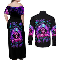 Fire Skull Couples Matching Off Shoulder Maxi Dress and Long Sleeve Button Shirts Judge Me When You're Perfect Otherwise Shut Up - Wonder Print Shop