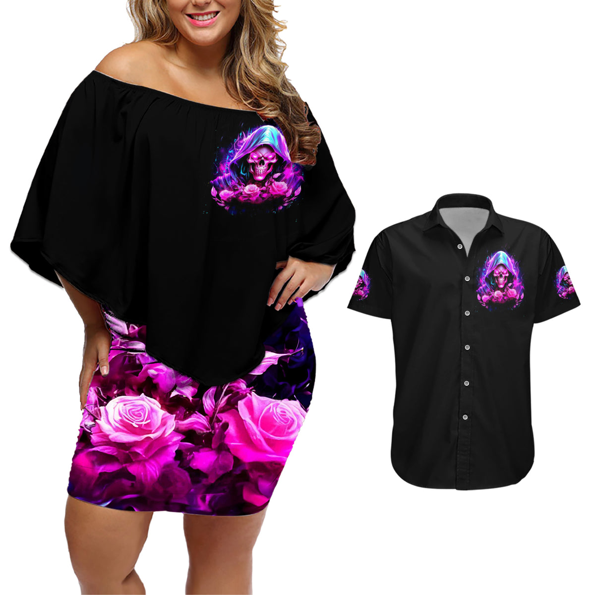 Fire Skull Couples Matching Off Shoulder Short Dress and Hawaiian Shirt Judge Me When You're Perfect Otherwise Shut Up - Wonder Print Shop