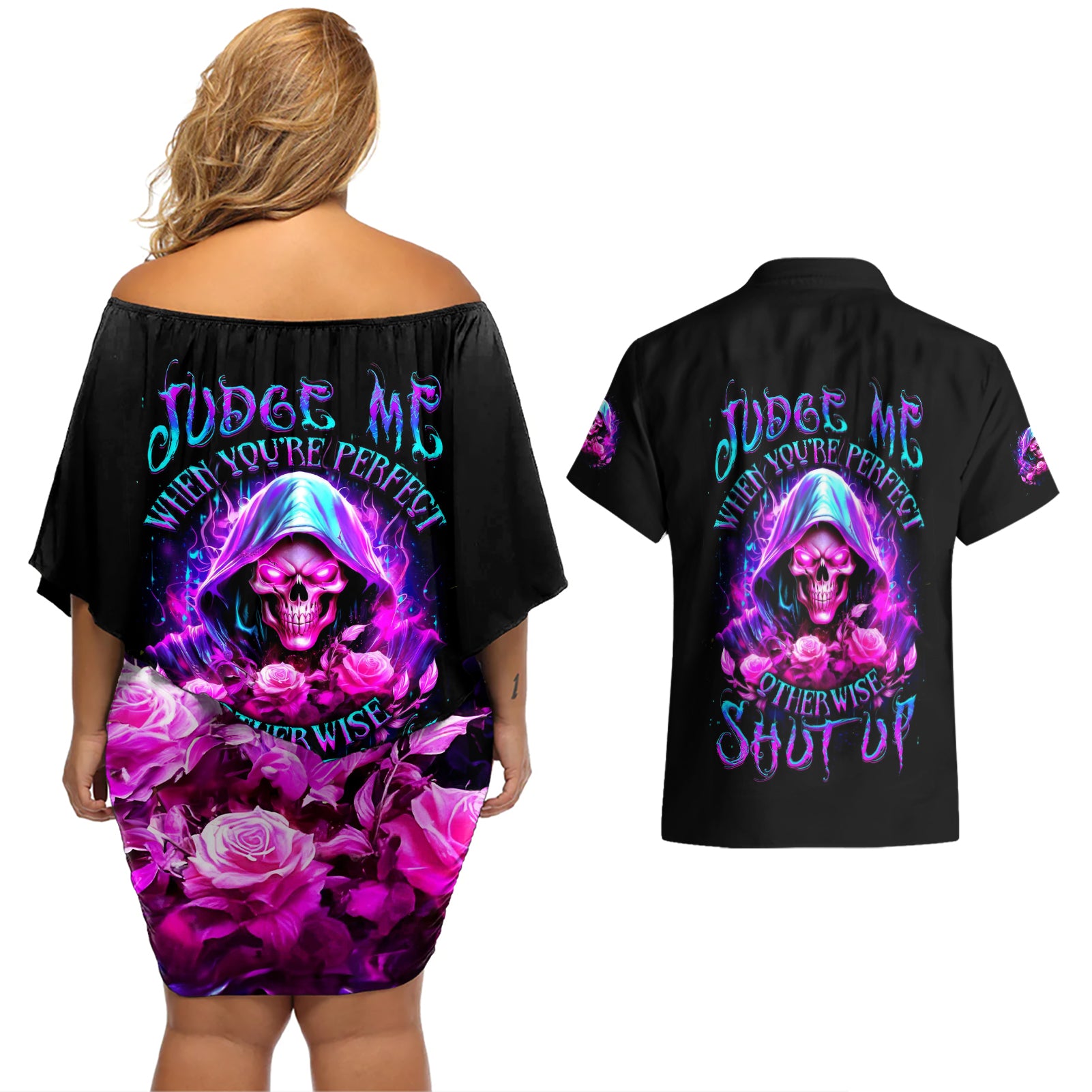 Fire Skull Couples Matching Off Shoulder Short Dress and Hawaiian Shirt Judge Me When You're Perfect Otherwise Shut Up - Wonder Print Shop