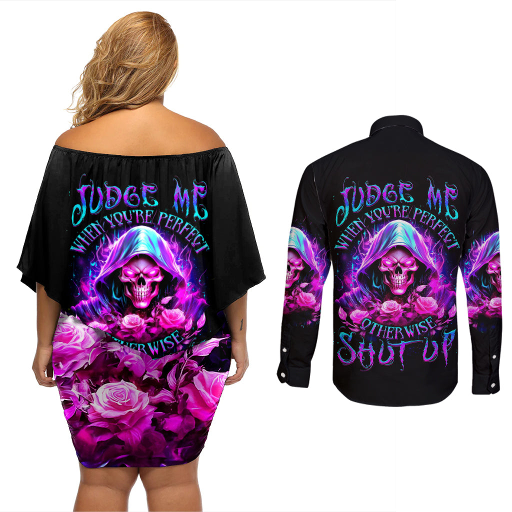 Fire Skull Couples Matching Off Shoulder Short Dress and Long Sleeve Button Shirts Judge Me When You're Perfect Otherwise Shut Up - Wonder Print Shop