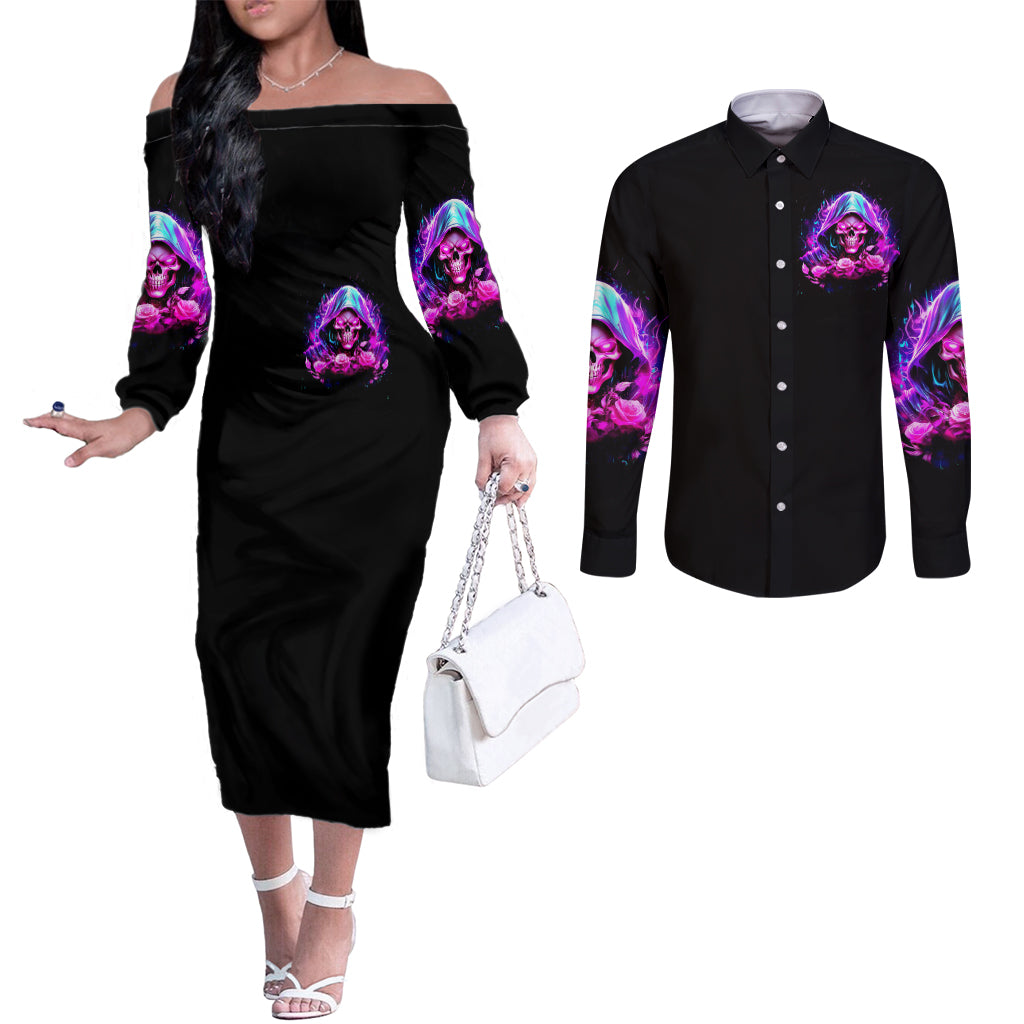 Fire Skull Couples Matching Off The Shoulder Long Sleeve Dress and Long Sleeve Button Shirts Judge Me When You're Perfect Otherwise Shut Up DT01