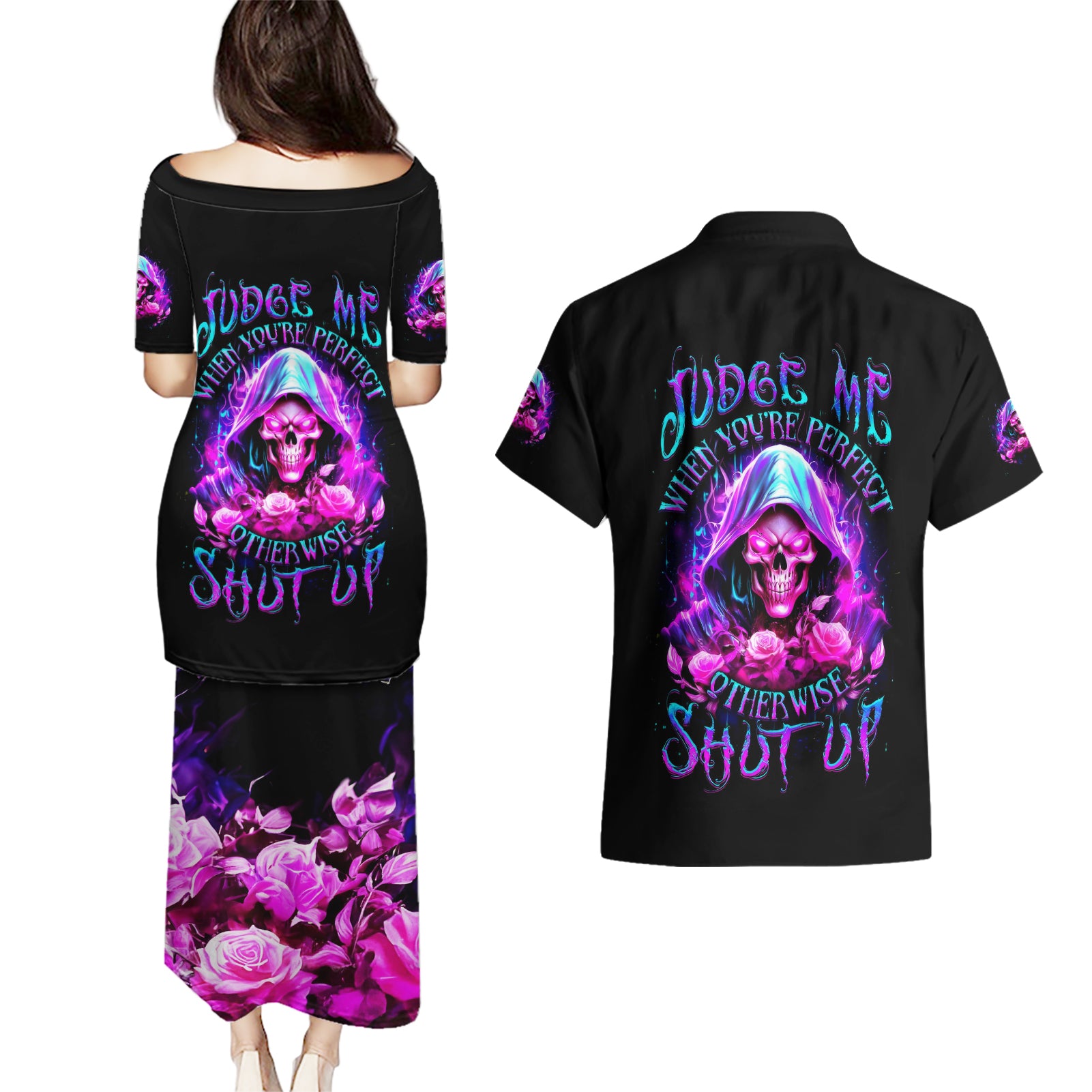 Fire Skull Couples Matching Puletasi Dress and Hawaiian Shirt Judge Me When You're Perfect Otherwise Shut Up - Wonder Print Shop