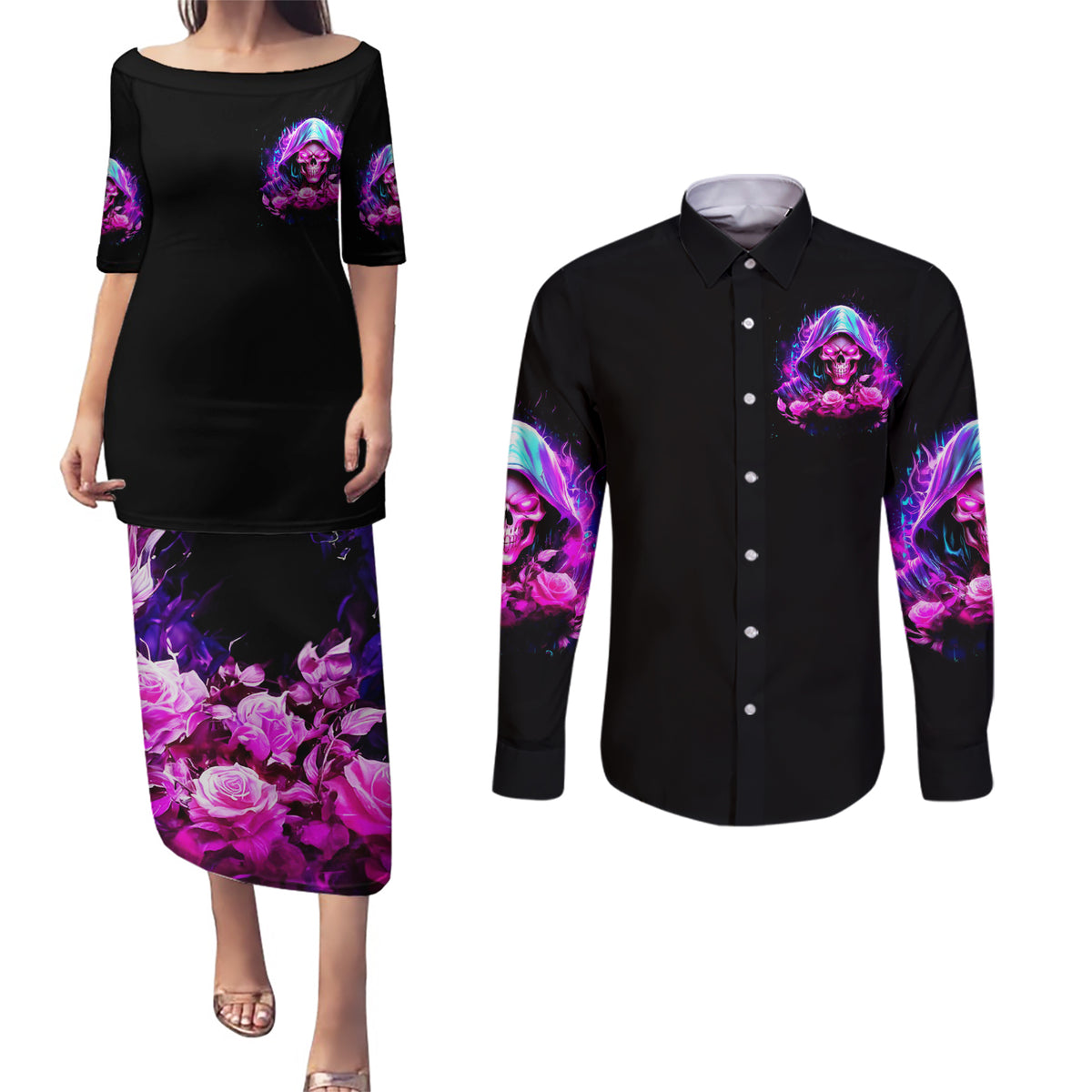 Fire Skull Couples Matching Puletasi Dress and Long Sleeve Button Shirts Judge Me When You're Perfect Otherwise Shut Up - Wonder Print Shop