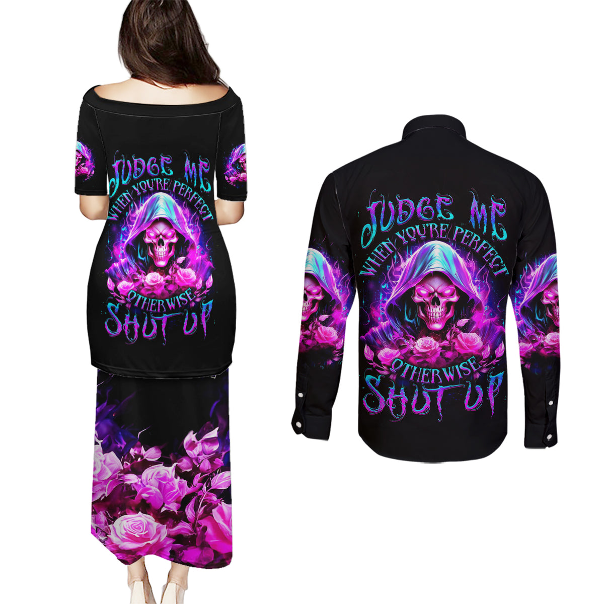Fire Skull Couples Matching Puletasi Dress and Long Sleeve Button Shirts Judge Me When You're Perfect Otherwise Shut Up - Wonder Print Shop