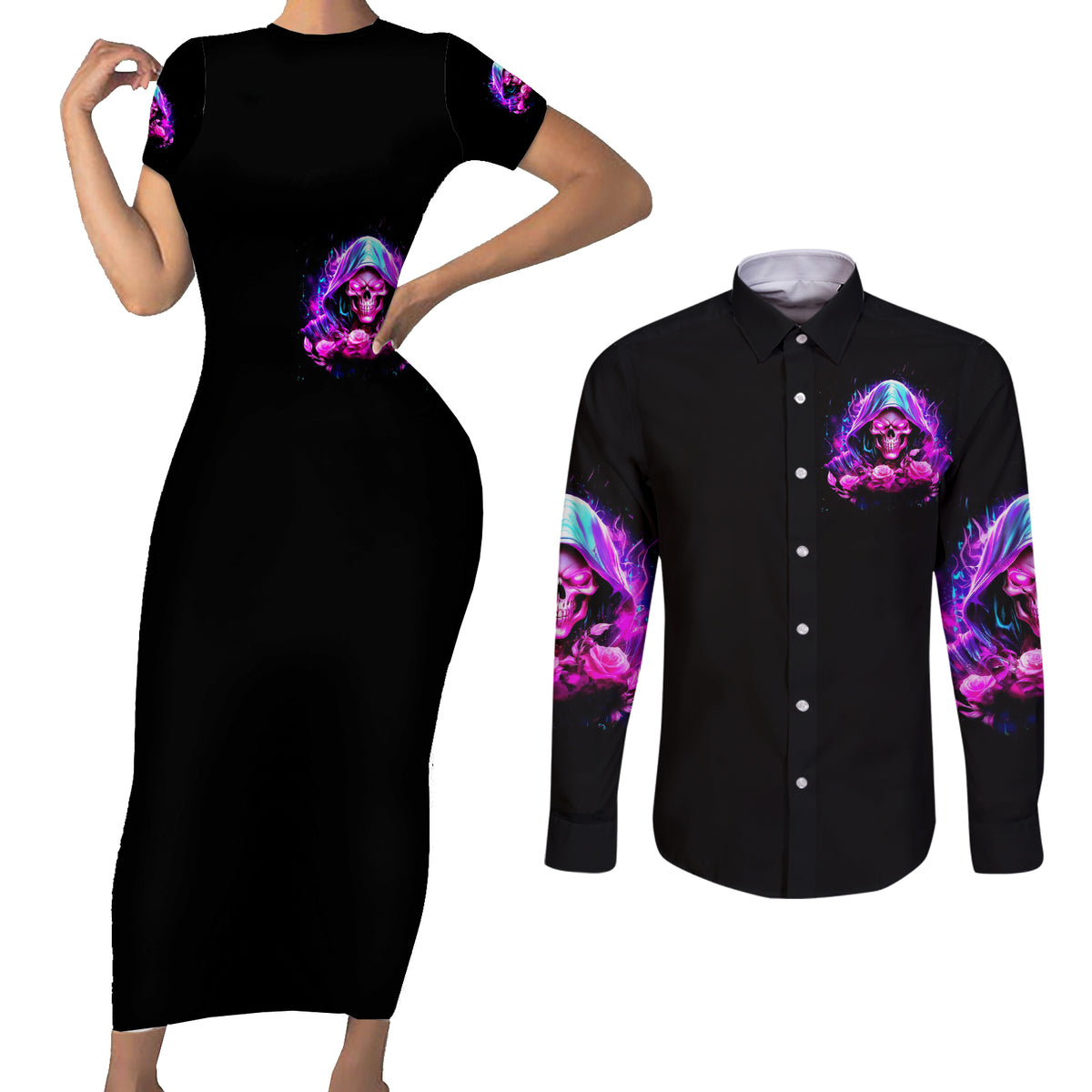 Fire Skull Couples Matching Short Sleeve Bodycon Dress and Long Sleeve Button Shirts Judge Me When You're Perfect Otherwise Shut Up - Wonder Print Shop