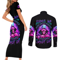 Fire Skull Couples Matching Short Sleeve Bodycon Dress and Long Sleeve Button Shirts Judge Me When You're Perfect Otherwise Shut Up - Wonder Print Shop