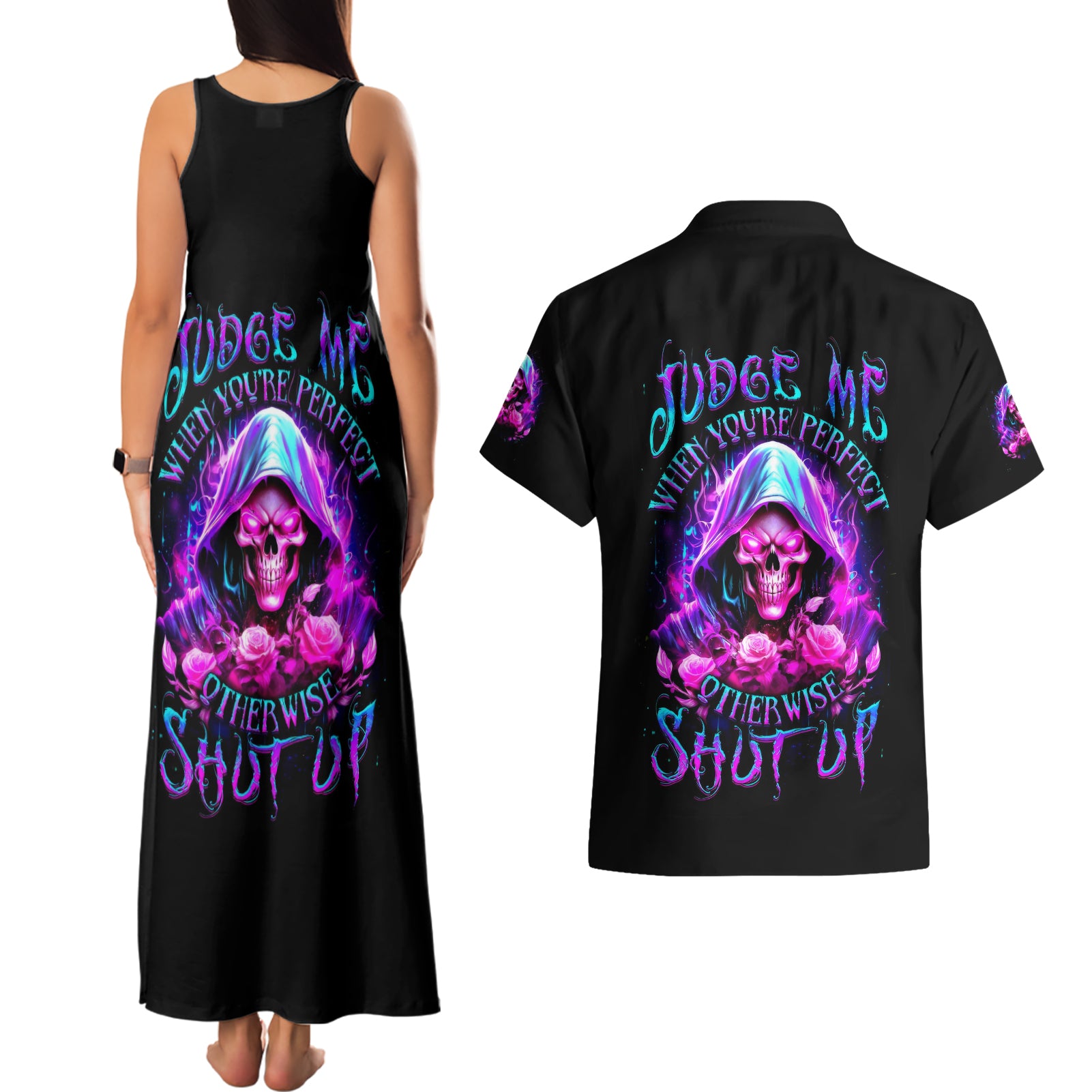 Fire Skull Couples Matching Tank Maxi Dress and Hawaiian Shirt Judge Me When You're Perfect Otherwise Shut Up - Wonder Print Shop