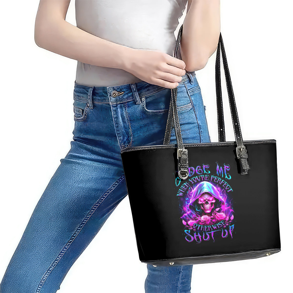Fire Skull Leather Tote Bag Judge Me When You're Perfect Otherwise Shut Up - Wonder Print Shop