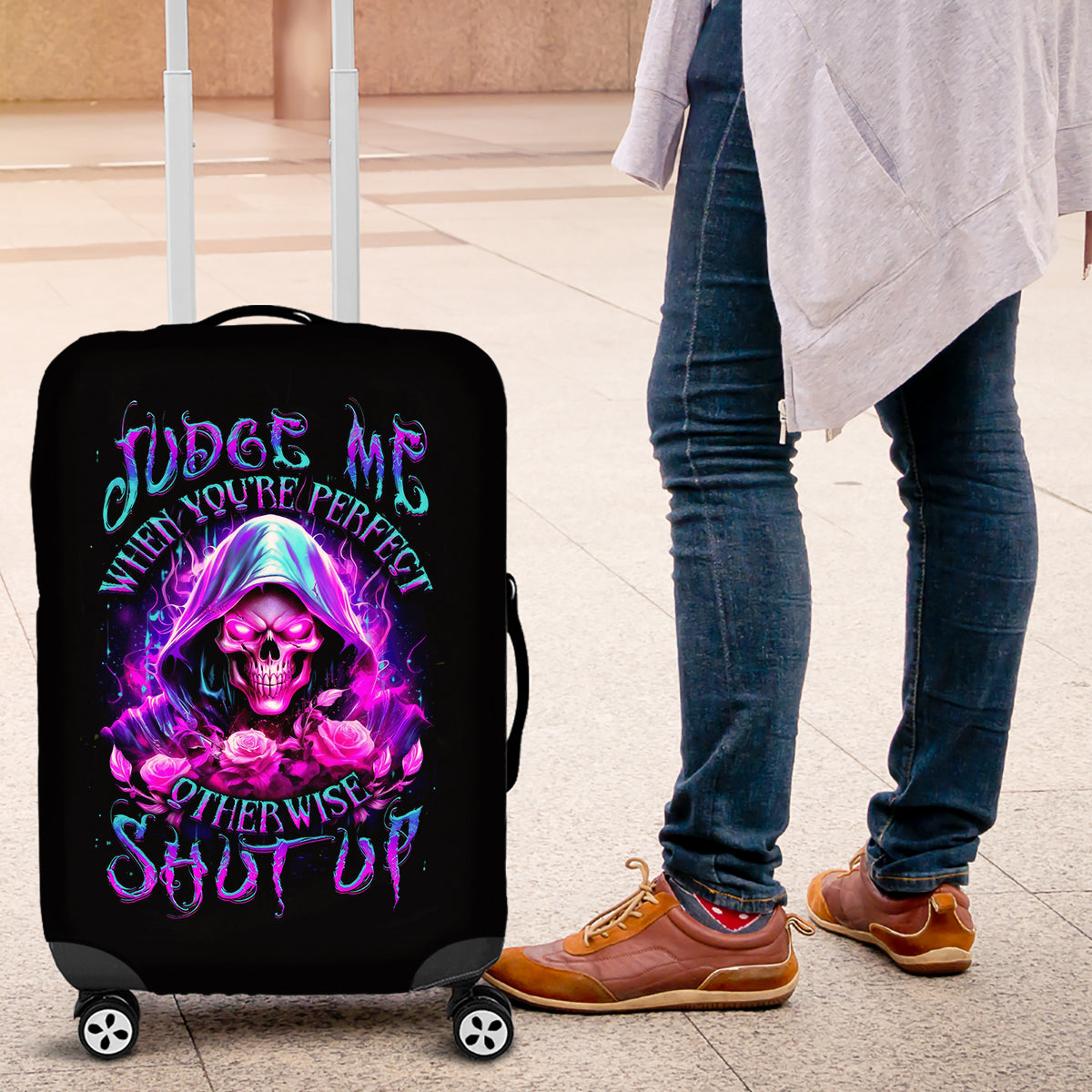 Fire Skull Luggage Cover Judge Me When You're Perfect Otherwise Shut Up - Wonder Print Shop