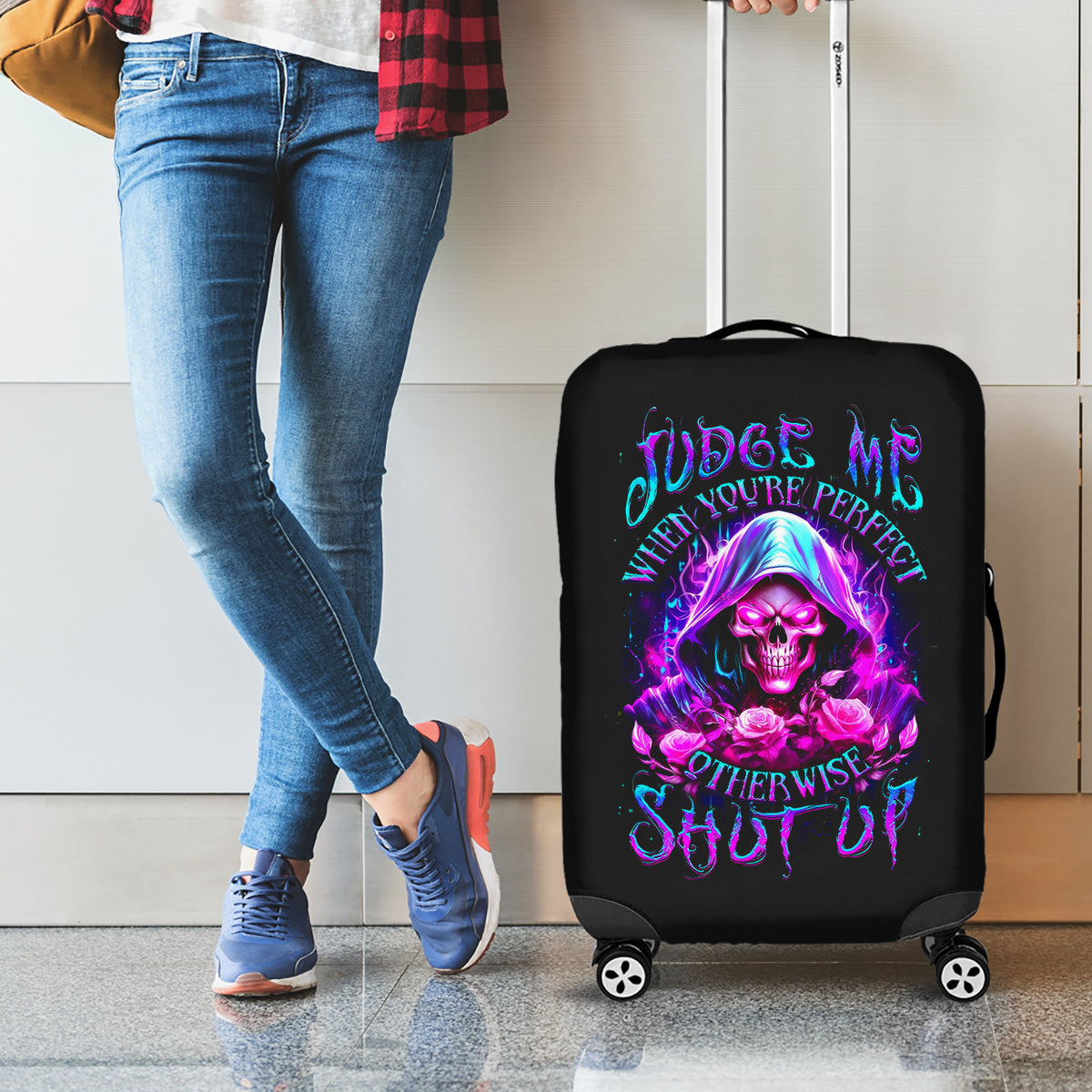 Fire Skull Luggage Cover Judge Me When You're Perfect Otherwise Shut Up - Wonder Print Shop