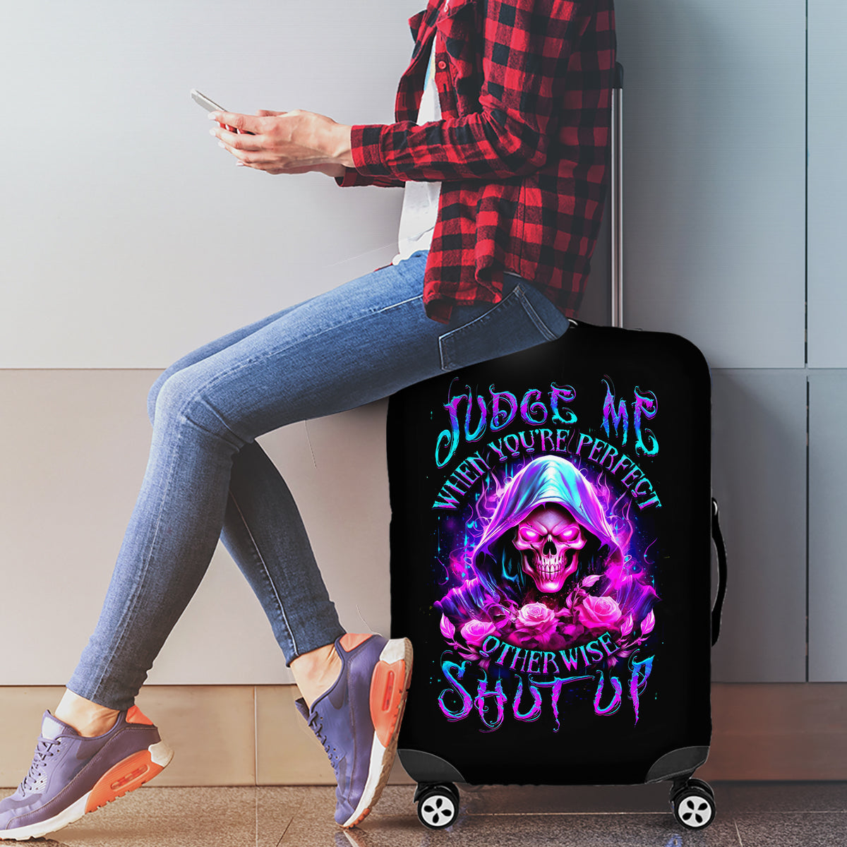Fire Skull Luggage Cover Judge Me When You're Perfect Otherwise Shut Up - Wonder Print Shop