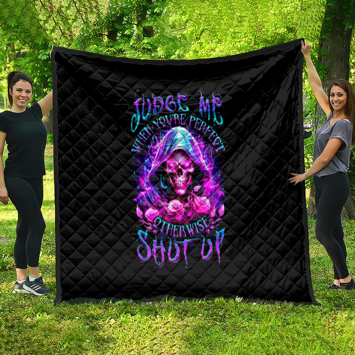 Fire Skull Quilt Judge Me When You're Perfect Otherwise Shut Up - Wonder Print Shop