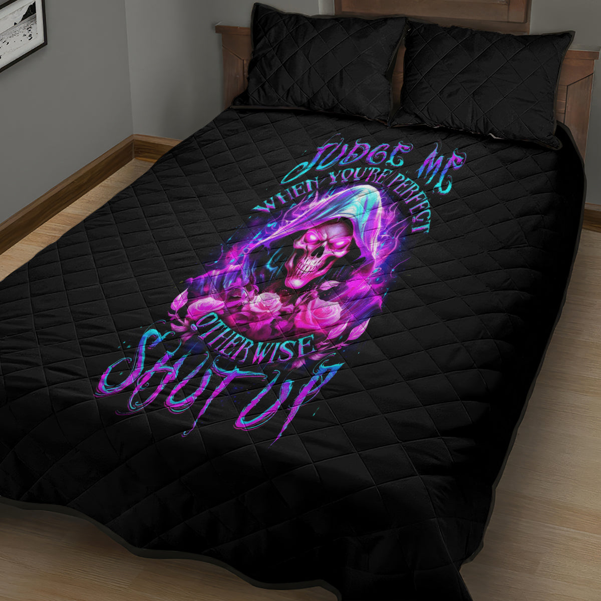 Fire Skull Quilt Bed Set Judge Me When You're Perfect Otherwise Shut Up - Wonder Print Shop