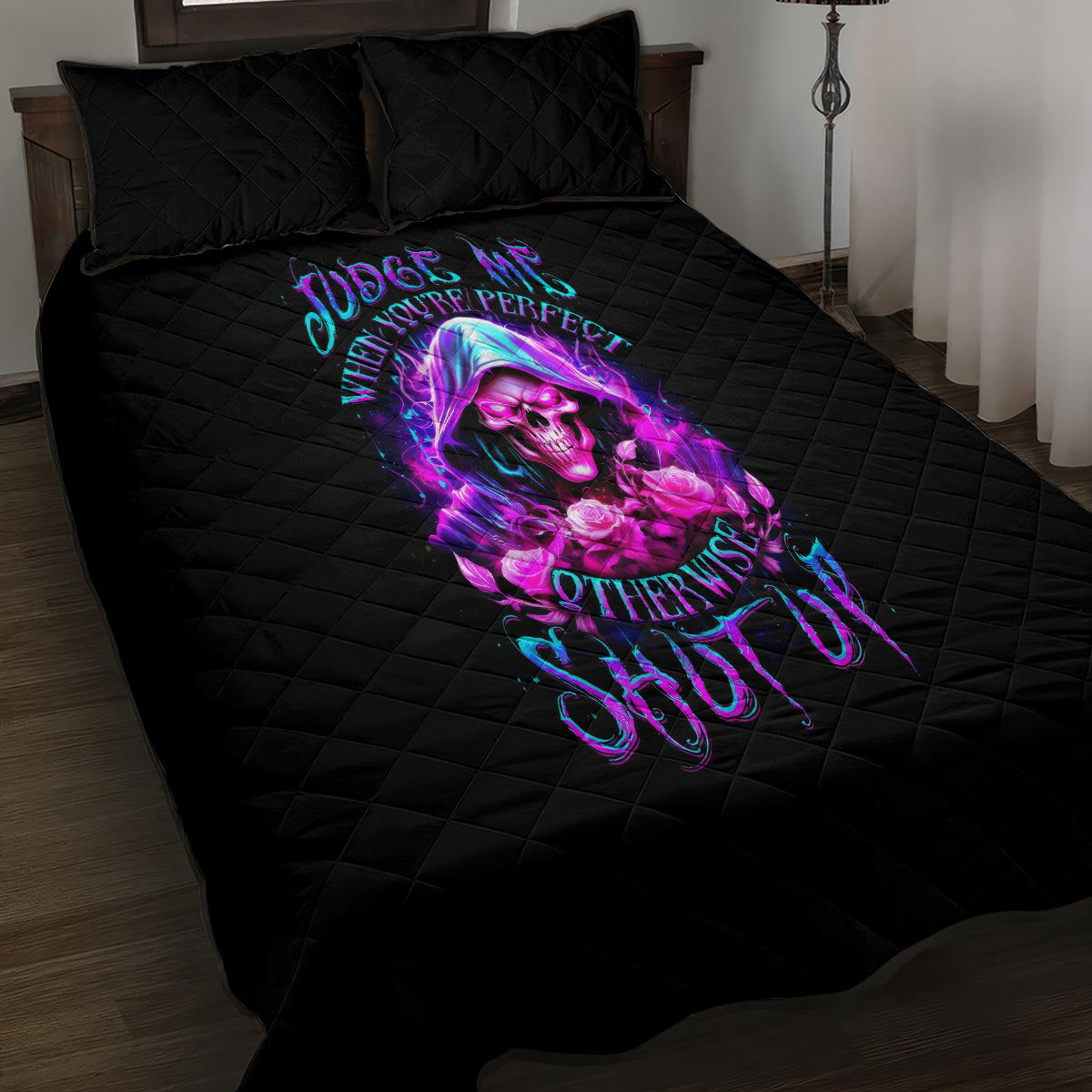 Fire Skull Quilt Bed Set Judge Me When You're Perfect Otherwise Shut Up - Wonder Print Shop