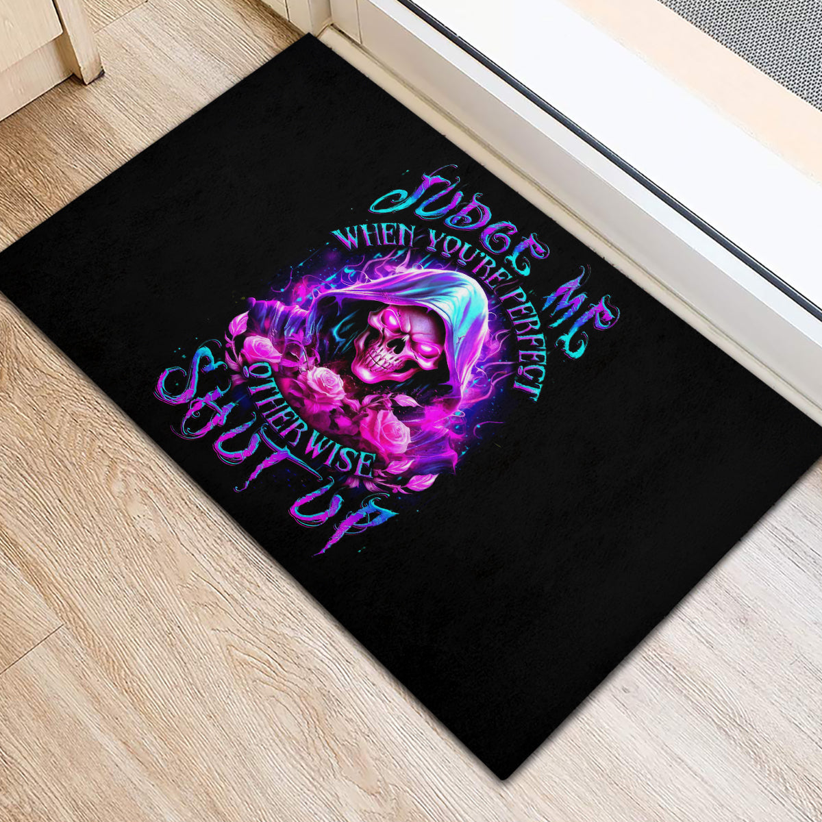 Fire Skull Rubber Doormat Judge Me When You're Perfect Otherwise Shut Up - Wonder Print Shop