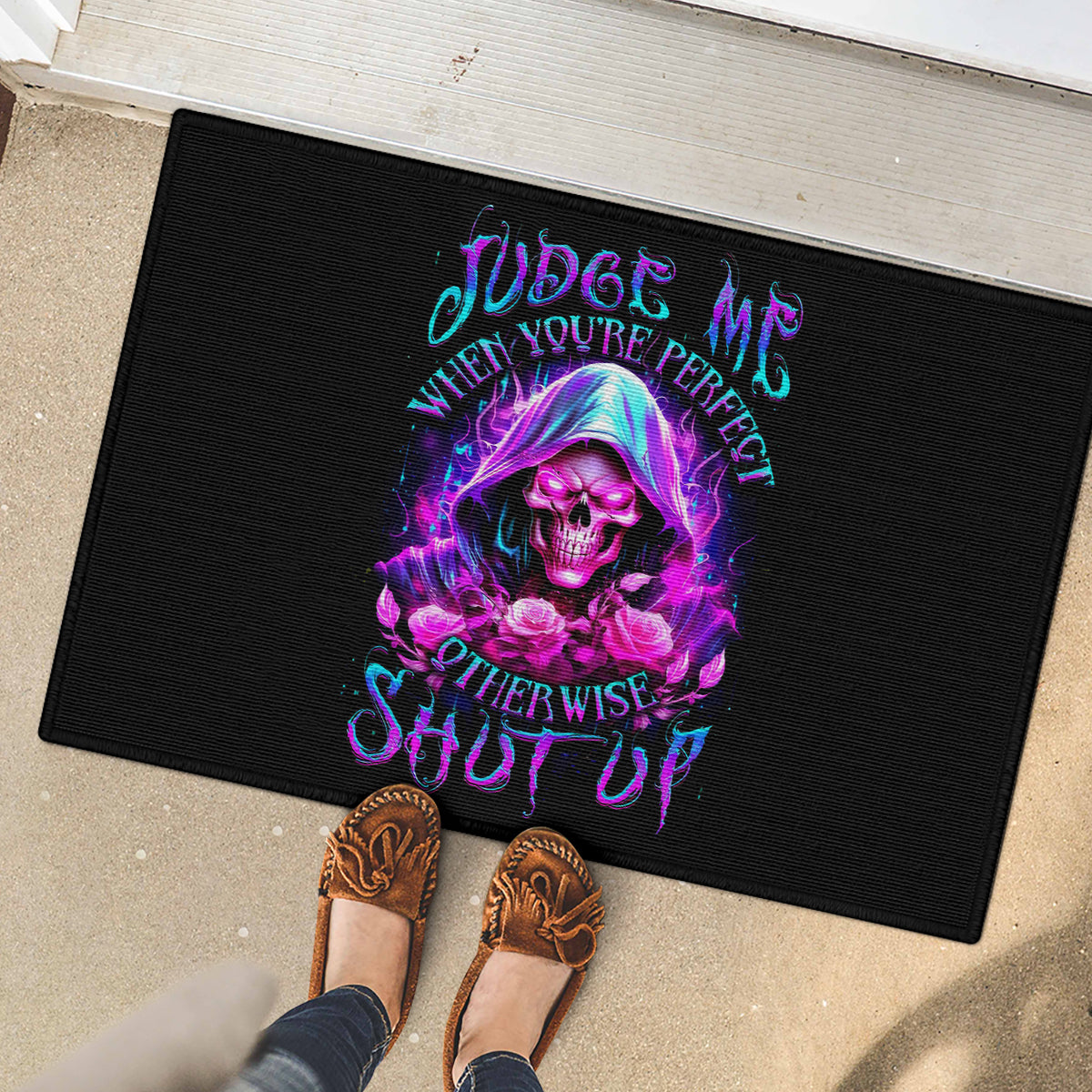 Fire Skull Rubber Doormat Judge Me When You're Perfect Otherwise Shut Up - Wonder Print Shop