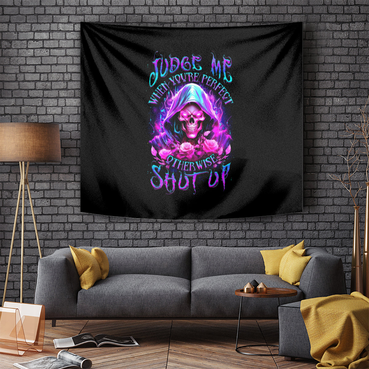 Fire Skull Tapestry Judge Me When You're Perfect Otherwise Shut Up - Wonder Print Shop