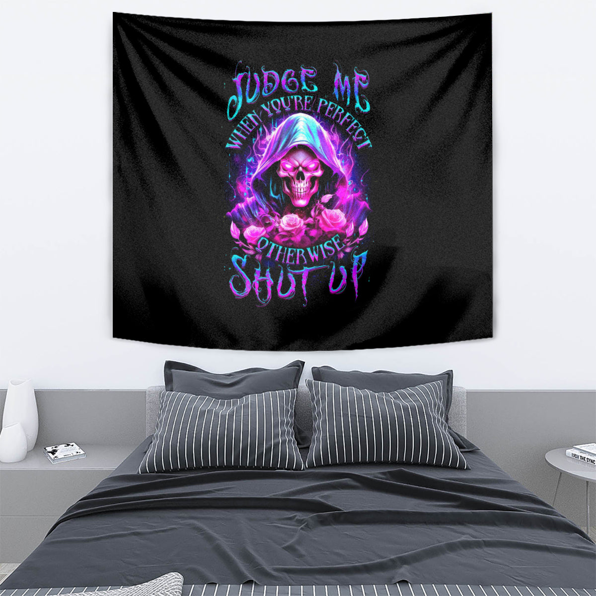 Fire Skull Tapestry Judge Me When You're Perfect Otherwise Shut Up - Wonder Print Shop
