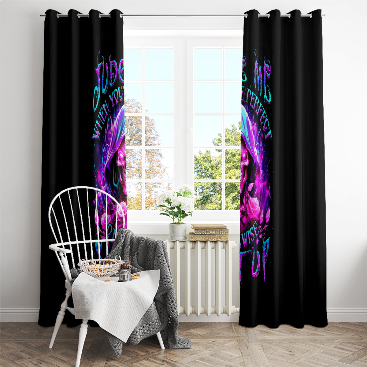 Fire Skull Window Curtain Judge Me When You're Perfect Otherwise Shut Up - Wonder Print Shop