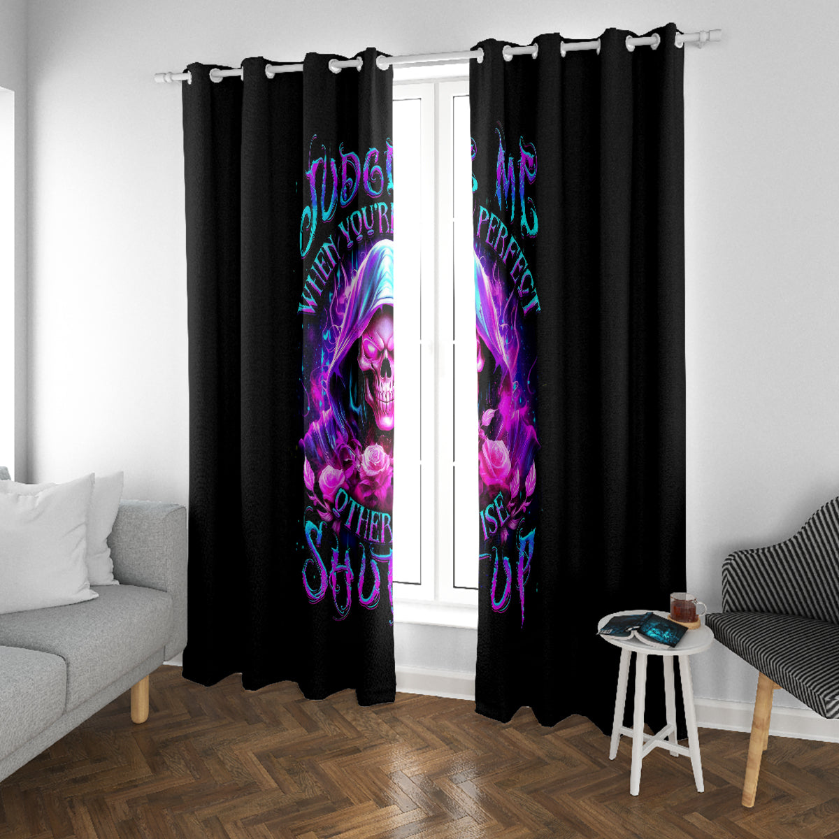 Fire Skull Window Curtain Judge Me When You're Perfect Otherwise Shut Up - Wonder Print Shop