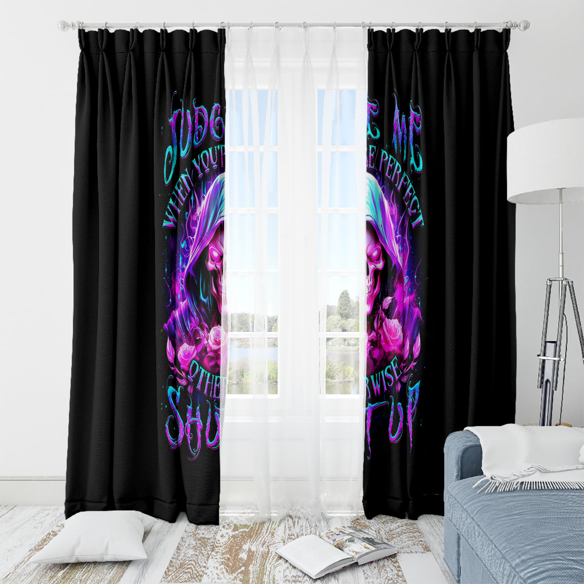 Fire Skull Window Curtain Judge Me When You're Perfect Otherwise Shut Up - Wonder Print Shop