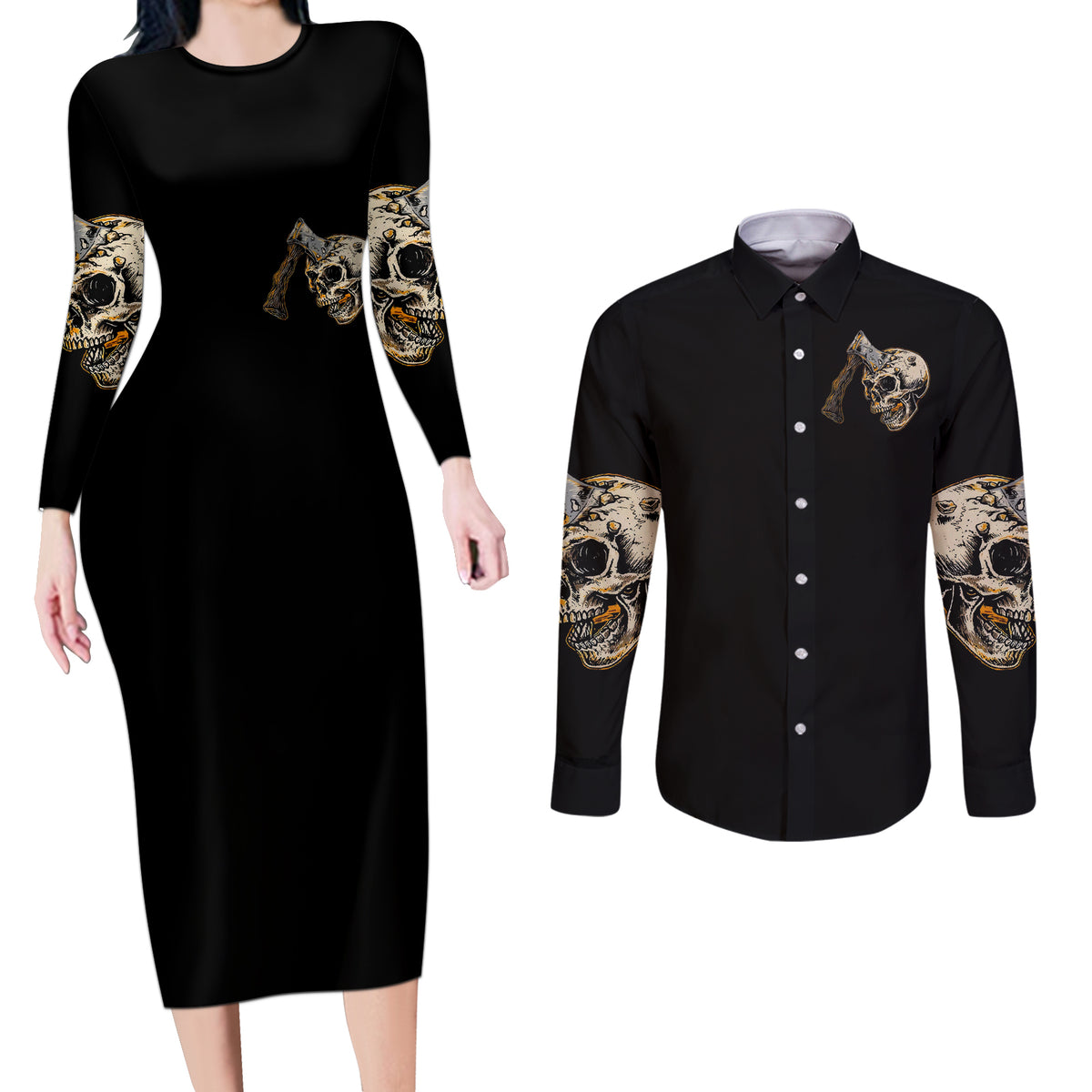 Axe Skull Couples Matching Long Sleeve Bodycon Dress and Long Sleeve Button Shirts Let's Bury The Hatchet - Wonder Print Shop
