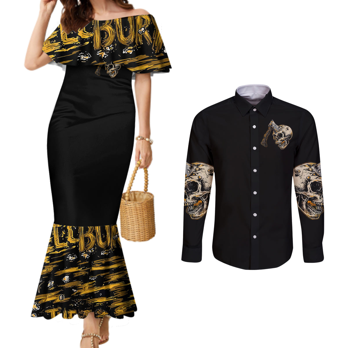 Axe Skull Couples Matching Mermaid Dress and Long Sleeve Button Shirts Let's Bury The Hatchet DT01