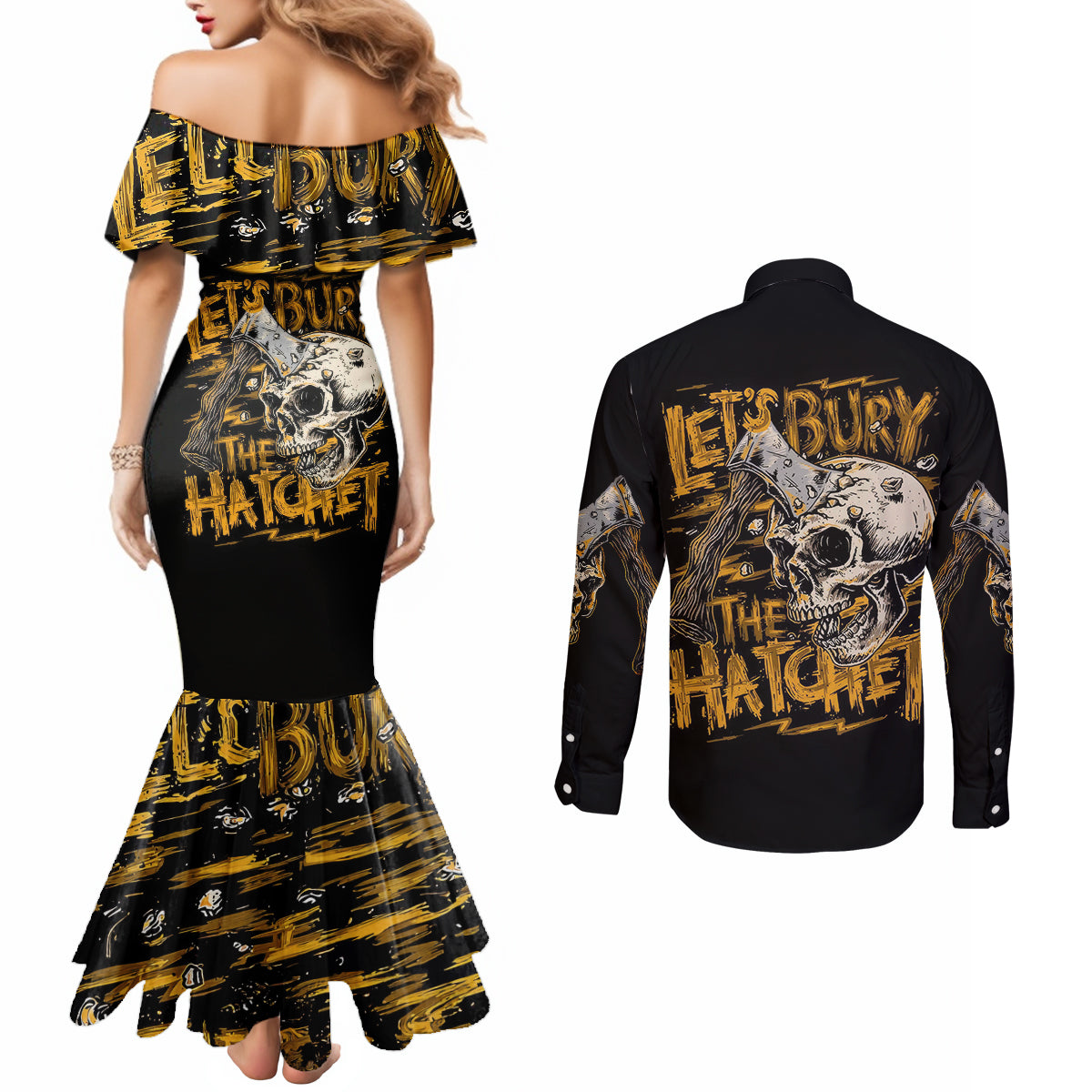 Axe Skull Couples Matching Mermaid Dress and Long Sleeve Button Shirts Let's Bury The Hatchet DT01