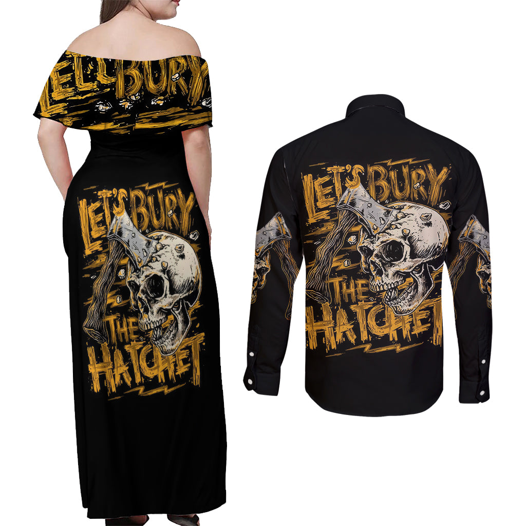 Axe Skull Couples Matching Off Shoulder Maxi Dress and Long Sleeve Button Shirts Let's Bury The Hatchet - Wonder Print Shop