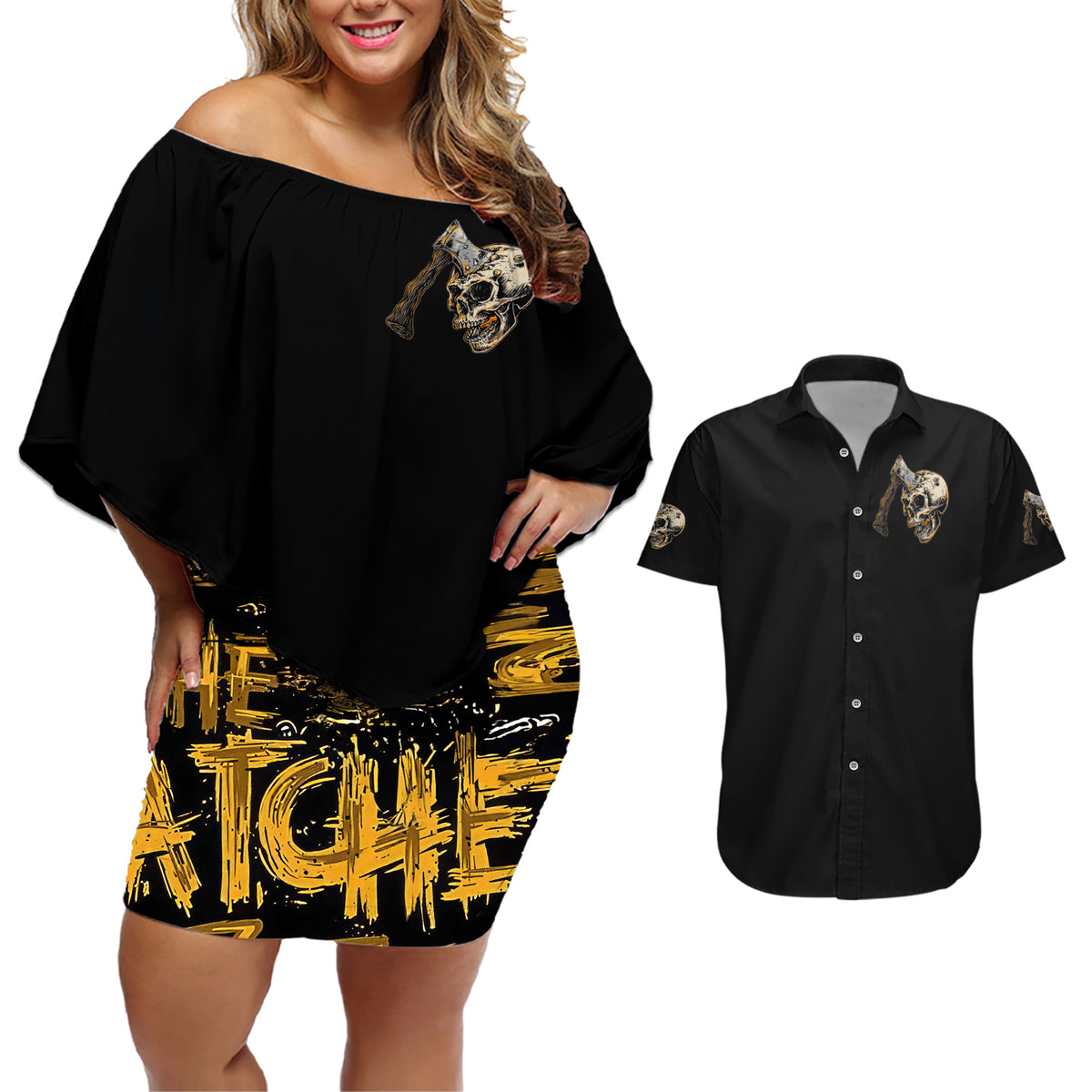 Axe Skull Couples Matching Off Shoulder Short Dress and Hawaiian Shirt Let's Bury The Hatchet - Wonder Print Shop