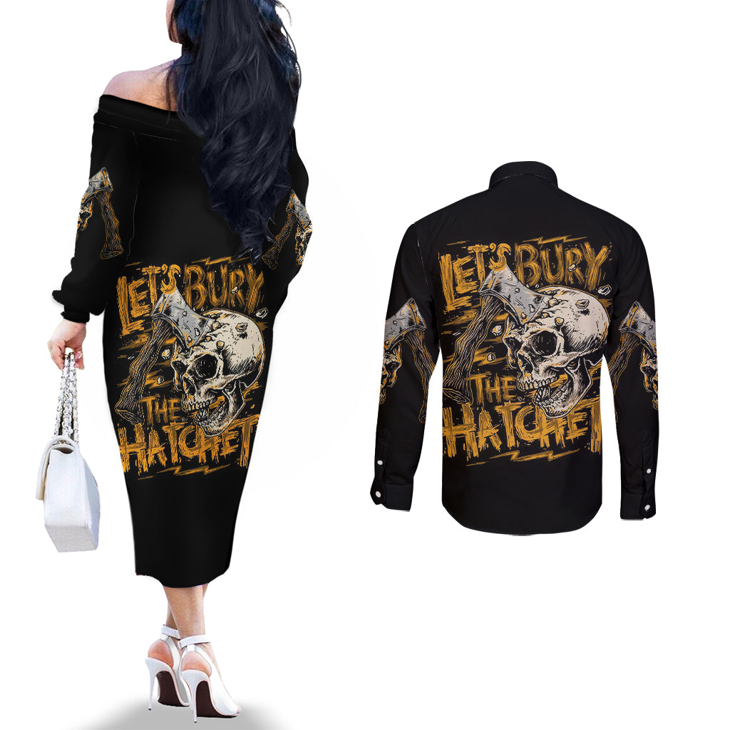 Axe Skull Couples Matching Off The Shoulder Long Sleeve Dress and Long Sleeve Button Shirts Let's Bury The Hatchet DT01