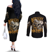 Axe Skull Couples Matching Off The Shoulder Long Sleeve Dress and Long Sleeve Button Shirts Let's Bury The Hatchet DT01
