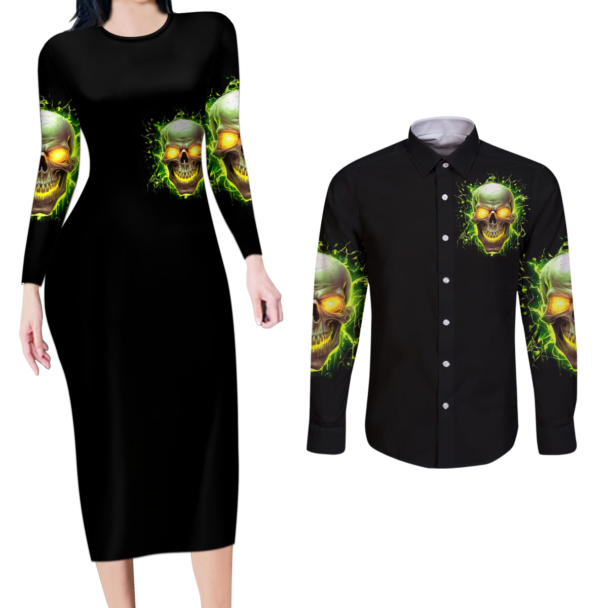 Thunder Skull Couples Matching Long Sleeve Bodycon Dress and Long Sleeve Button Shirts My Demon Hide Inside My Head - Wonder Print Shop
